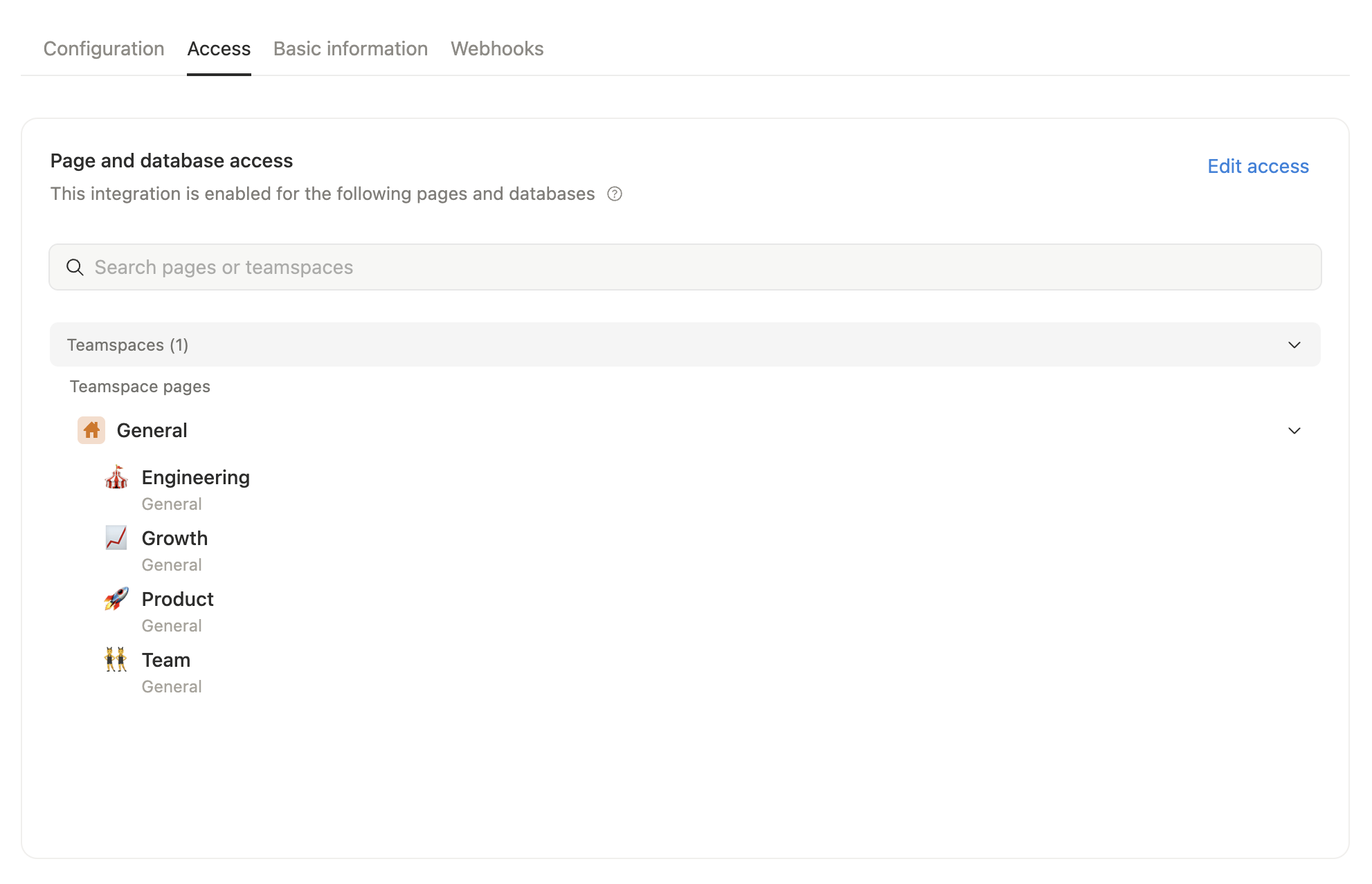 Notion integration's Access tab
