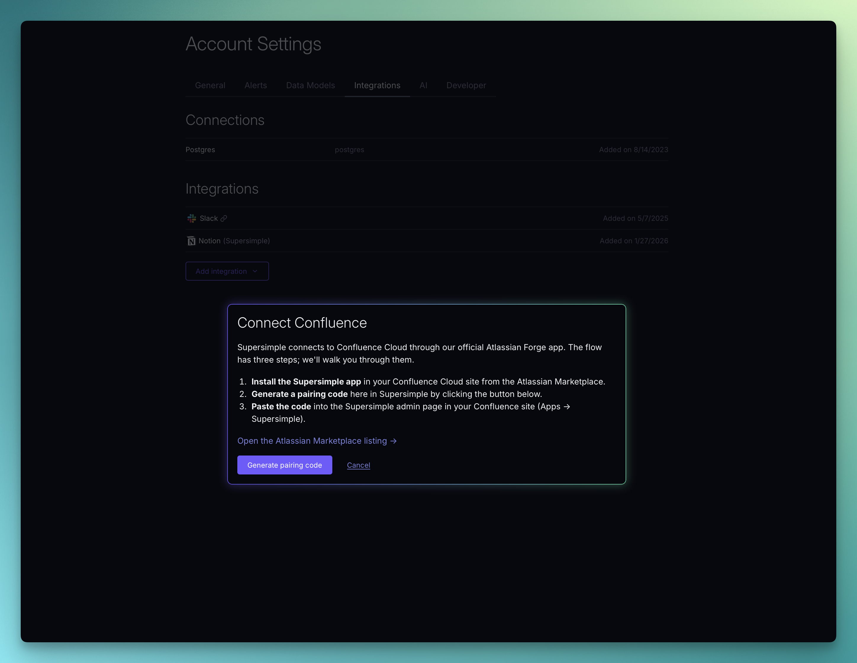 Connect Confluence modal in Supersimple