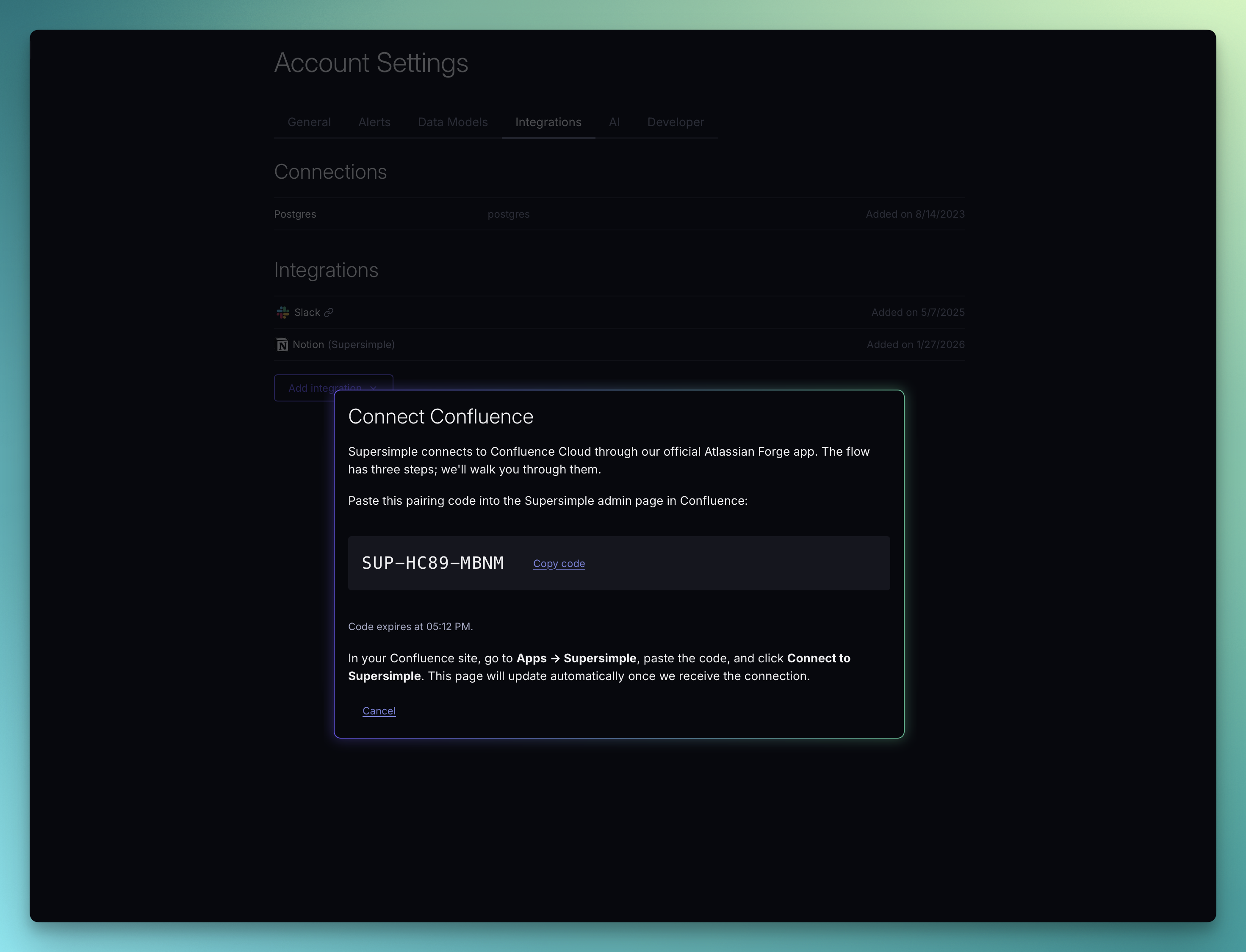 Pairing code displayed in Supersimple