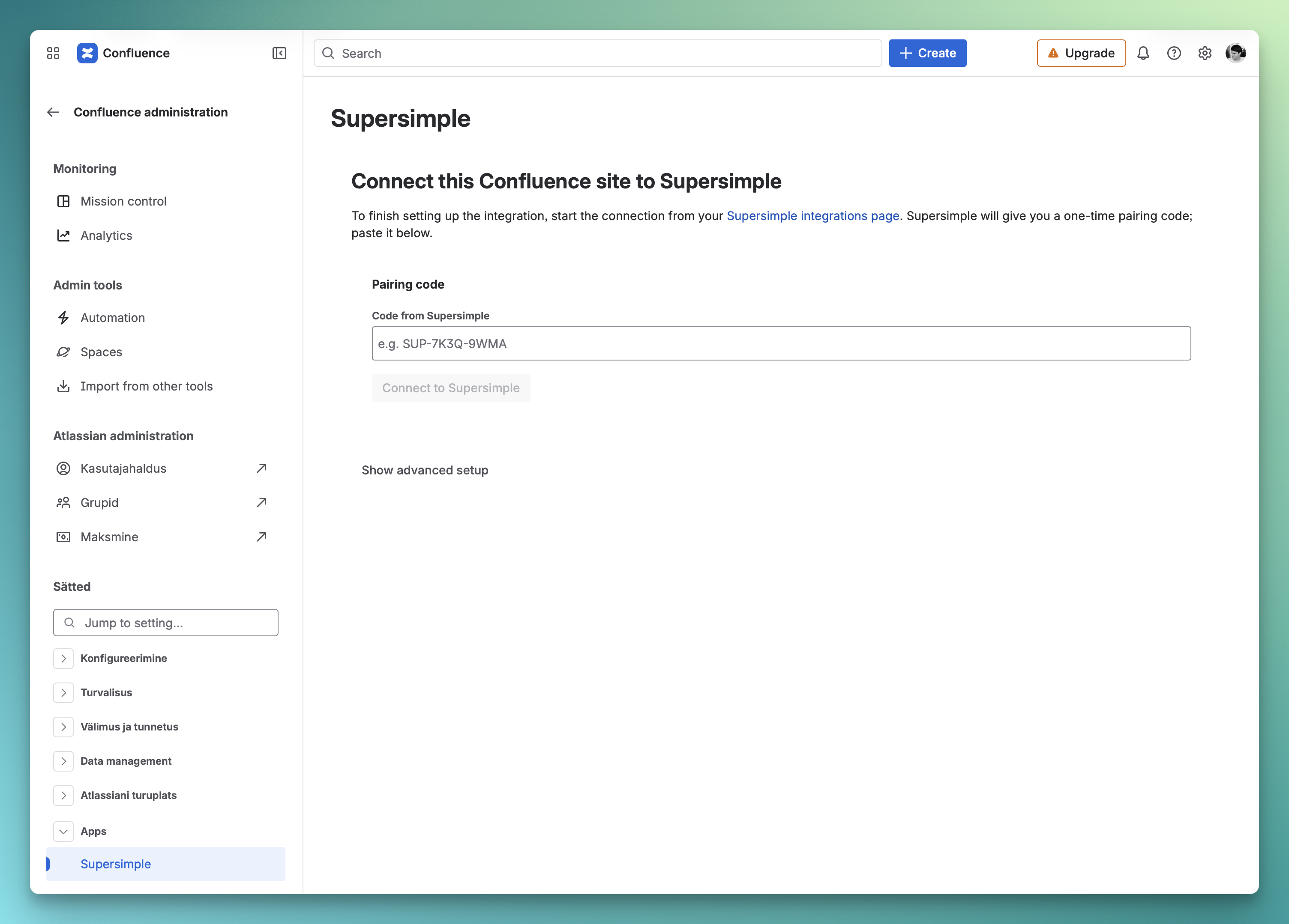 Paste pairing code into Confluence admin page